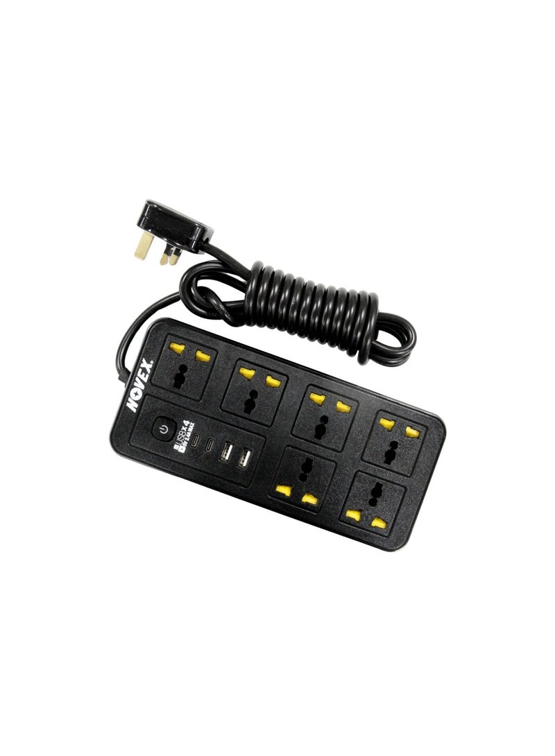 NOVEX N-E106B-3M 6-Way Universal Extension Socket with 2 USB-A + 2 USB-C | 3 Meter Heavy-Duty Cable | Black - Image 2
